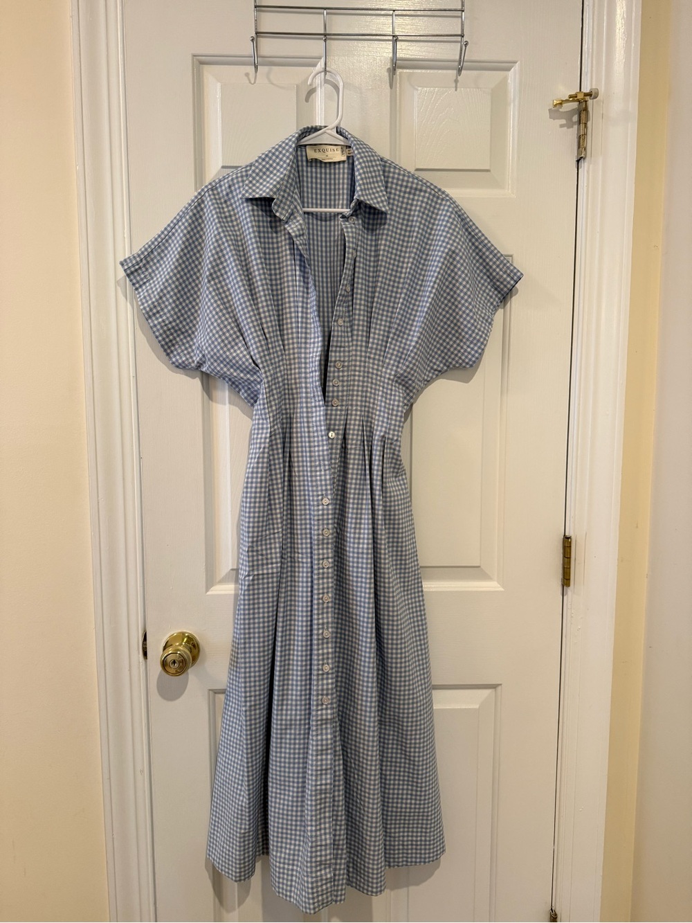 Light Blue Gingham Midi Shirt Dress with Button Front